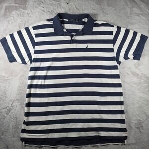 Nautica Polo Shirt Mens 3XLT Navy Blue White Striped Short Sleeve Cotton Pique
